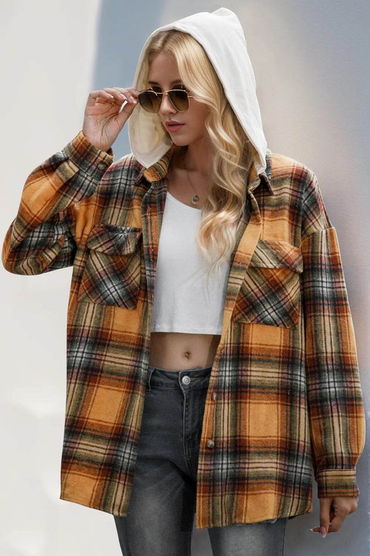 Double Take Drawstring Plaid Long Sleeve Hooded Shacket - IntuitiveEncBoutique