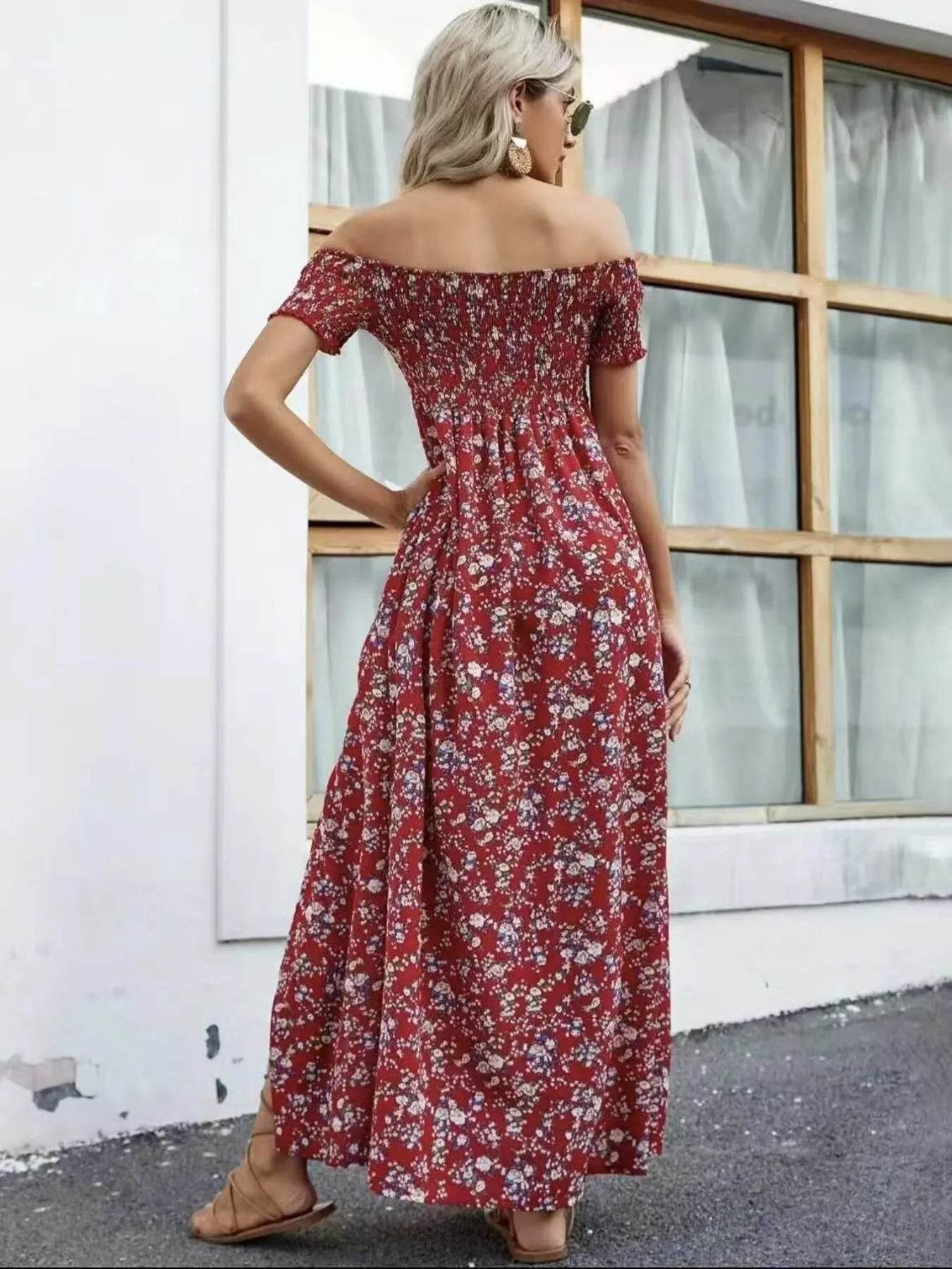 Full Size Slit Off-Shoulder Floral Midi Dress Plus Size - IntuitiveEncBoutique