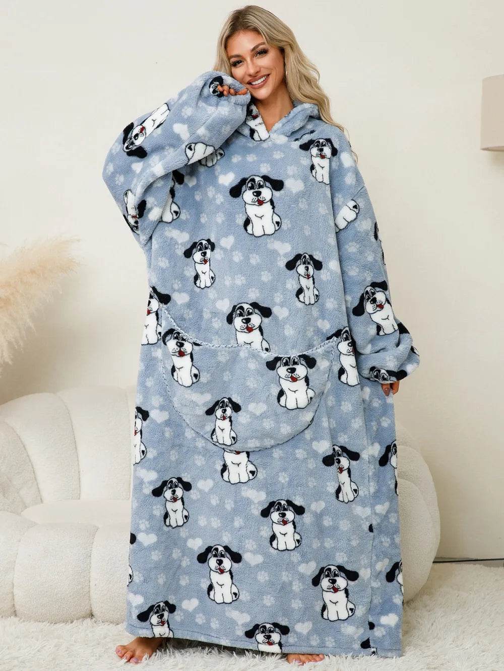 Fuzzy Pocketed Long Sleeve Hooded Lounge Dress - IntuitiveEncBoutique
