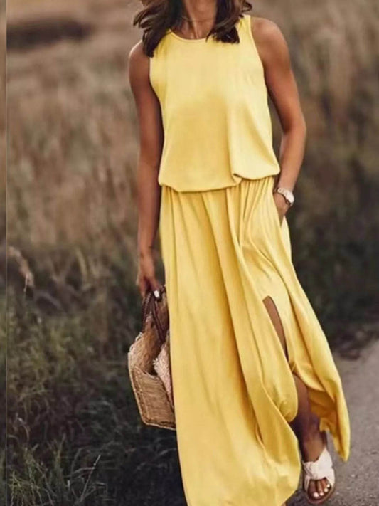 Full Size Round Neck Sleeveless Slit Maxi Dress Plus Size - IntuitiveEncBoutique