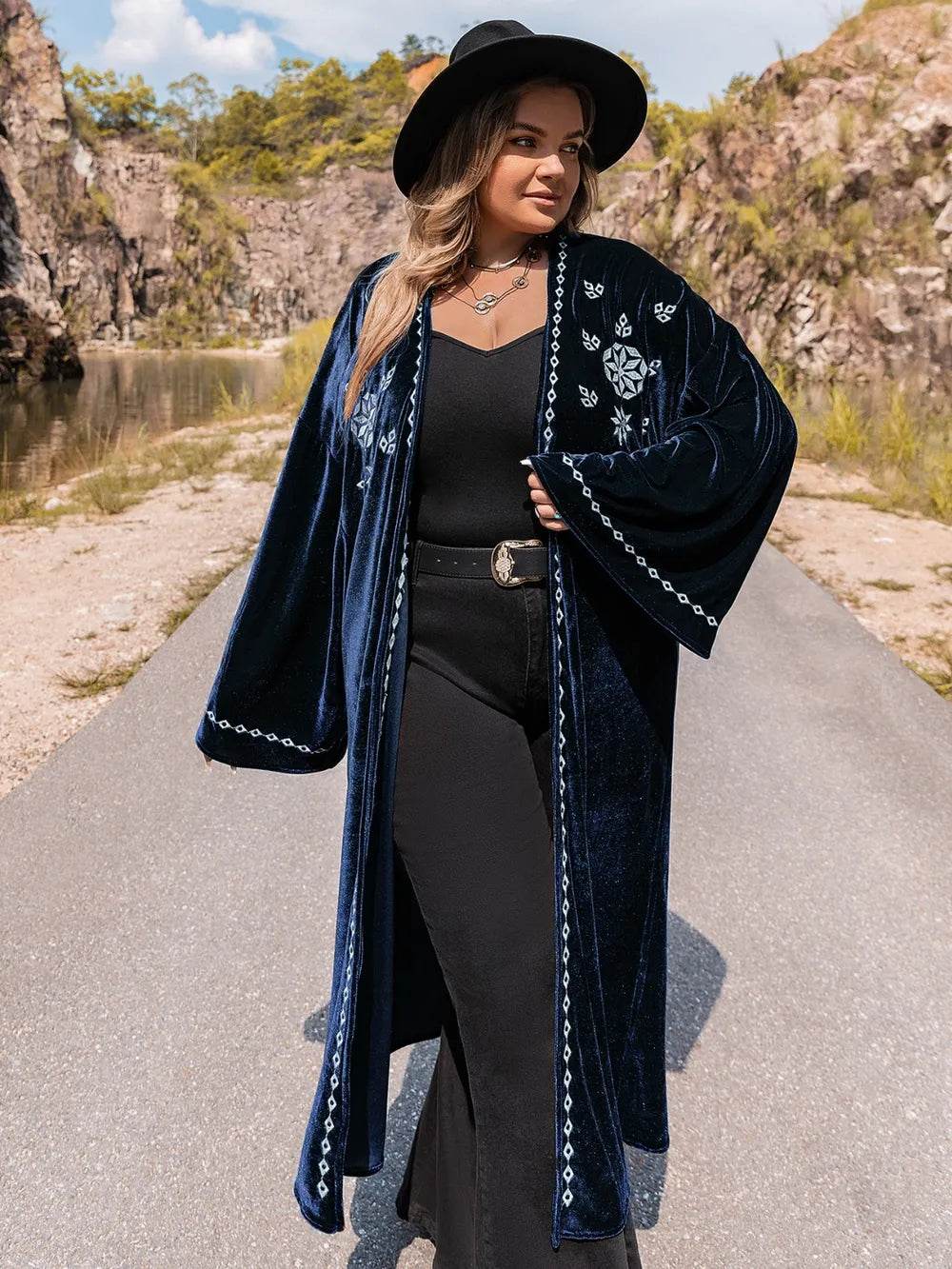 Plus Size Embroidery Open Front Long Sleeve Cardigan - IntuitiveEncBoutique