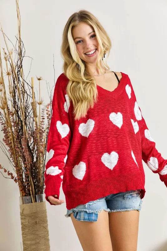 ADORA Full Size Heart V-Neck Knit Top Plus Size - IntuitiveEncBoutique
