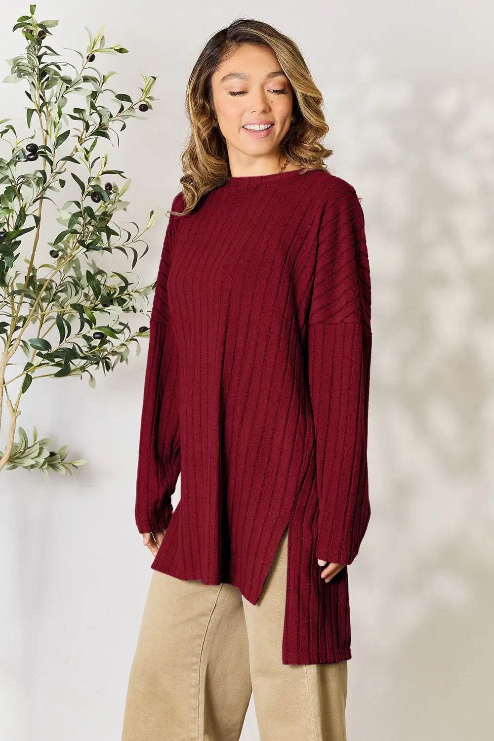 Basic Bae Full Size Ribbed Round Neck Long Sleeve Slit Top - IntuitiveEncBoutique
