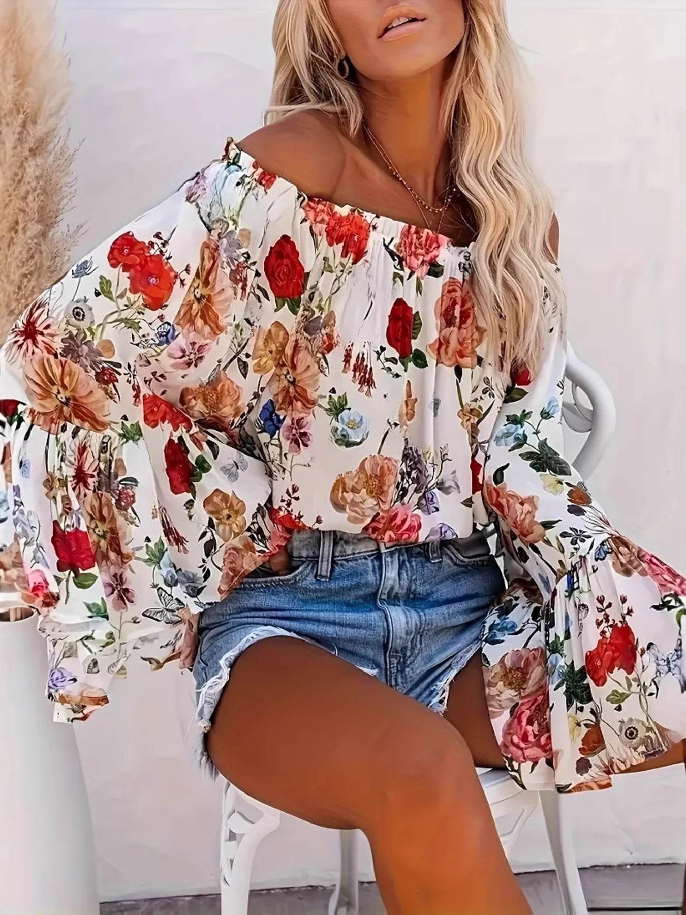 Full Size Floral Off-Shoulder Bell Sleeve Blouse Plus Size - IntuitiveEncBoutique