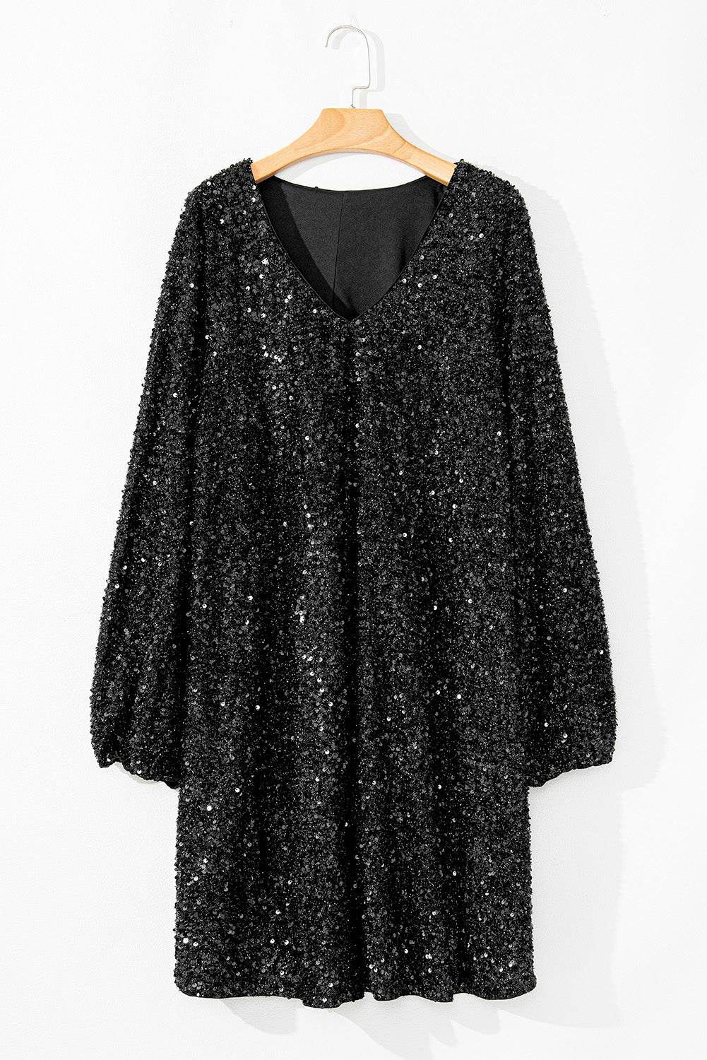 Color black Plus Size Bubble Sleeve V Neck Sequin Dress - IntuitiveEncBoutique