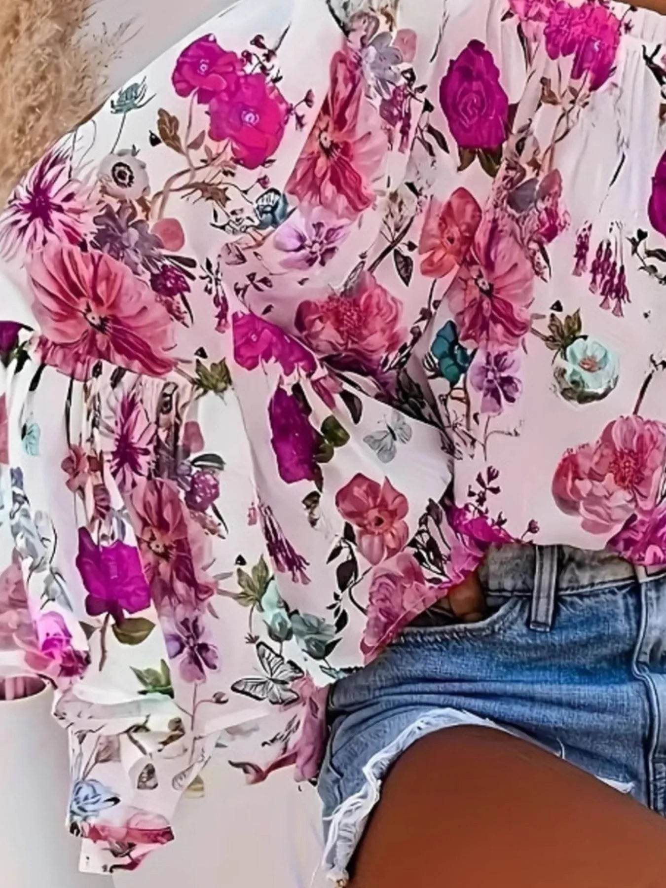 Full Size Floral Off-Shoulder Bell Sleeve Blouse Plus Size - IntuitiveEncBoutique