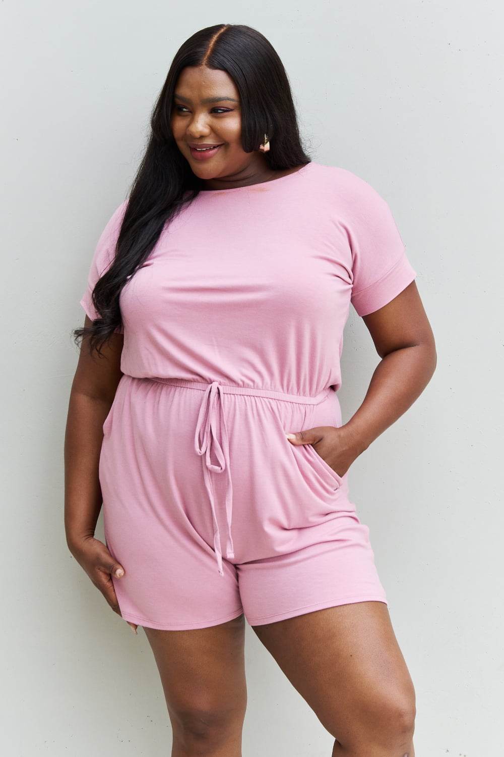 Zenana Chilled Out Full Size Short Sleeve Romper in Light Carnation Pink - IntuitiveEncBoutique