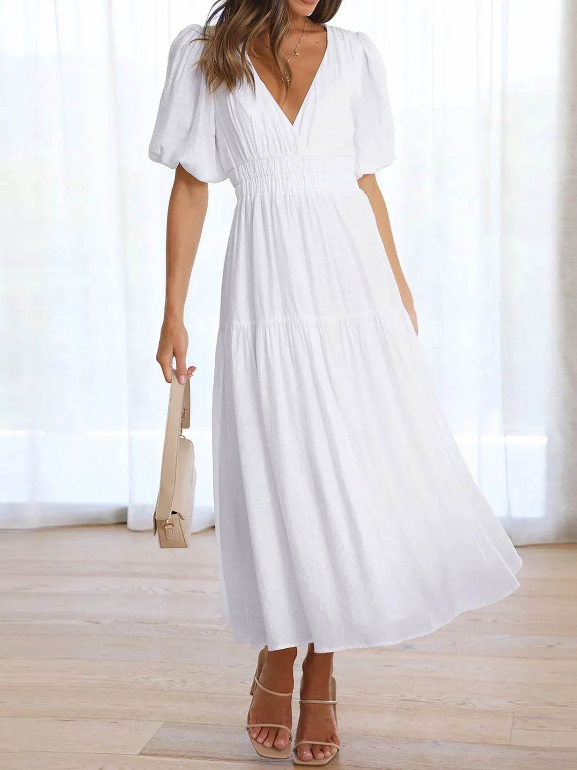 V-Neck Puff Sleeve Midi Dress - IntuitiveEncBoutique