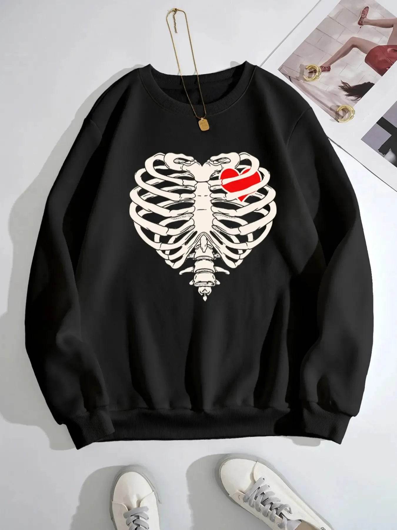 Skeleton Heart Round Neck Sweatshirt - IntuitiveEncBoutique