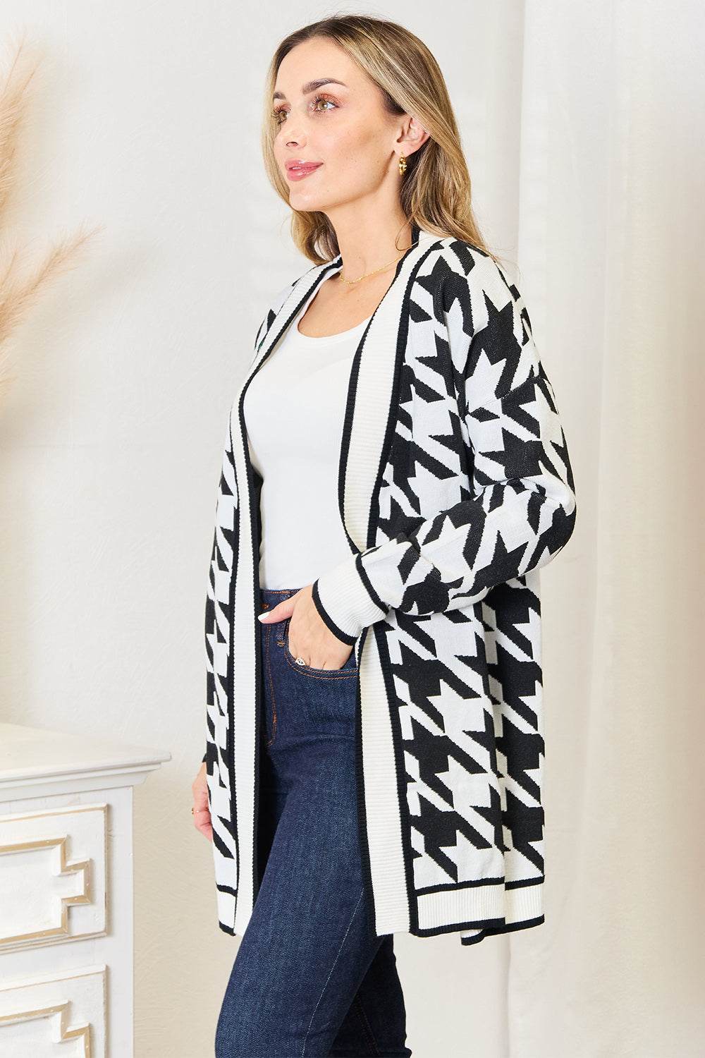 Mandy Woven Right Houndstooth Open Front Longline Cardigan - IntuitiveEncBoutique