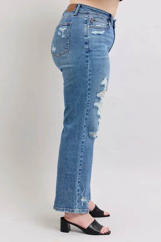Judy Blue Full Size High Waist Heavy Destroy Straight Jeans Plus Size - IntuitiveEncBoutique