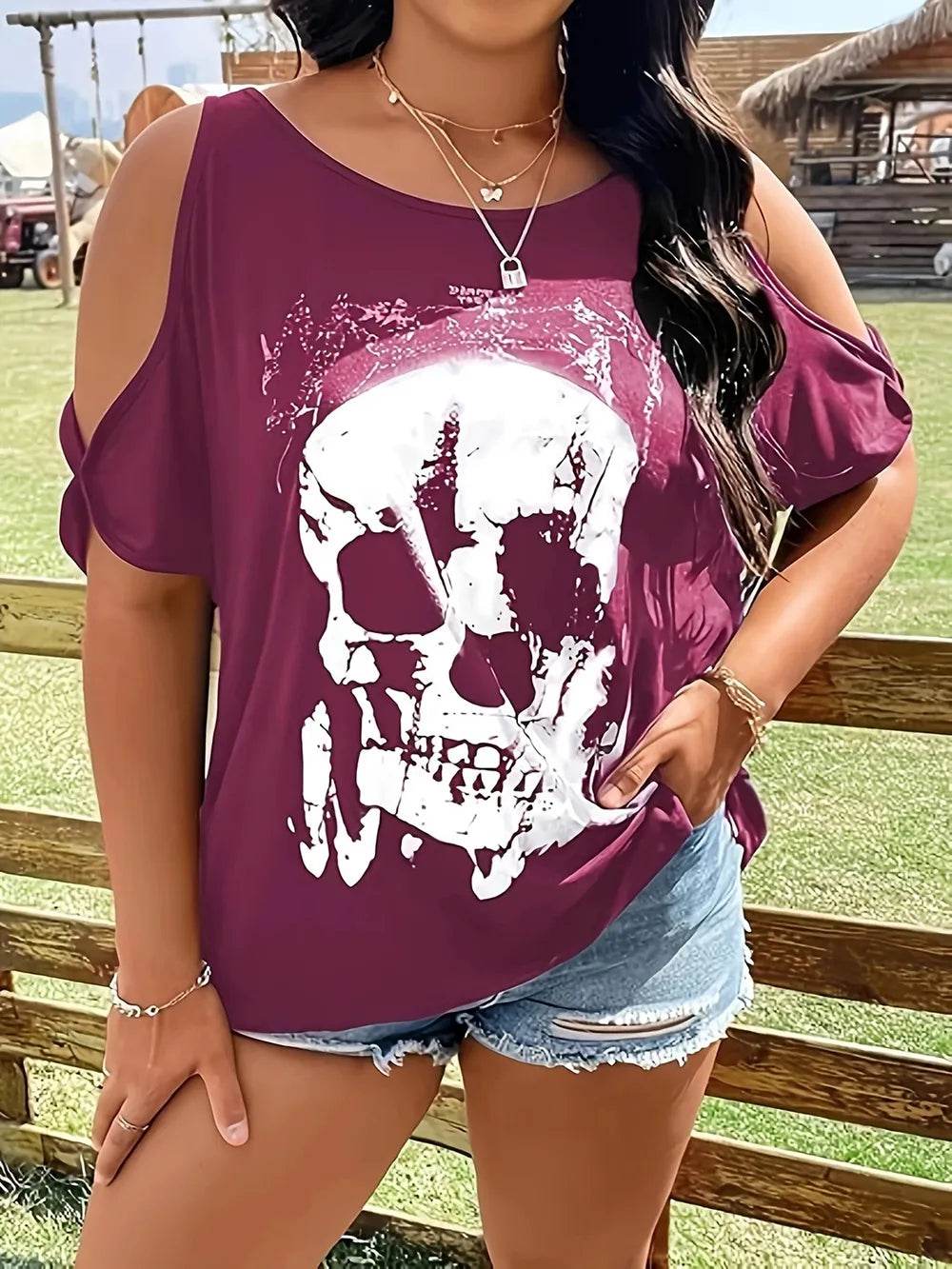 Plus Size Skeleton Graphic Round Neck Cold Shoulder T-Shirt - IntuitiveEncBoutique