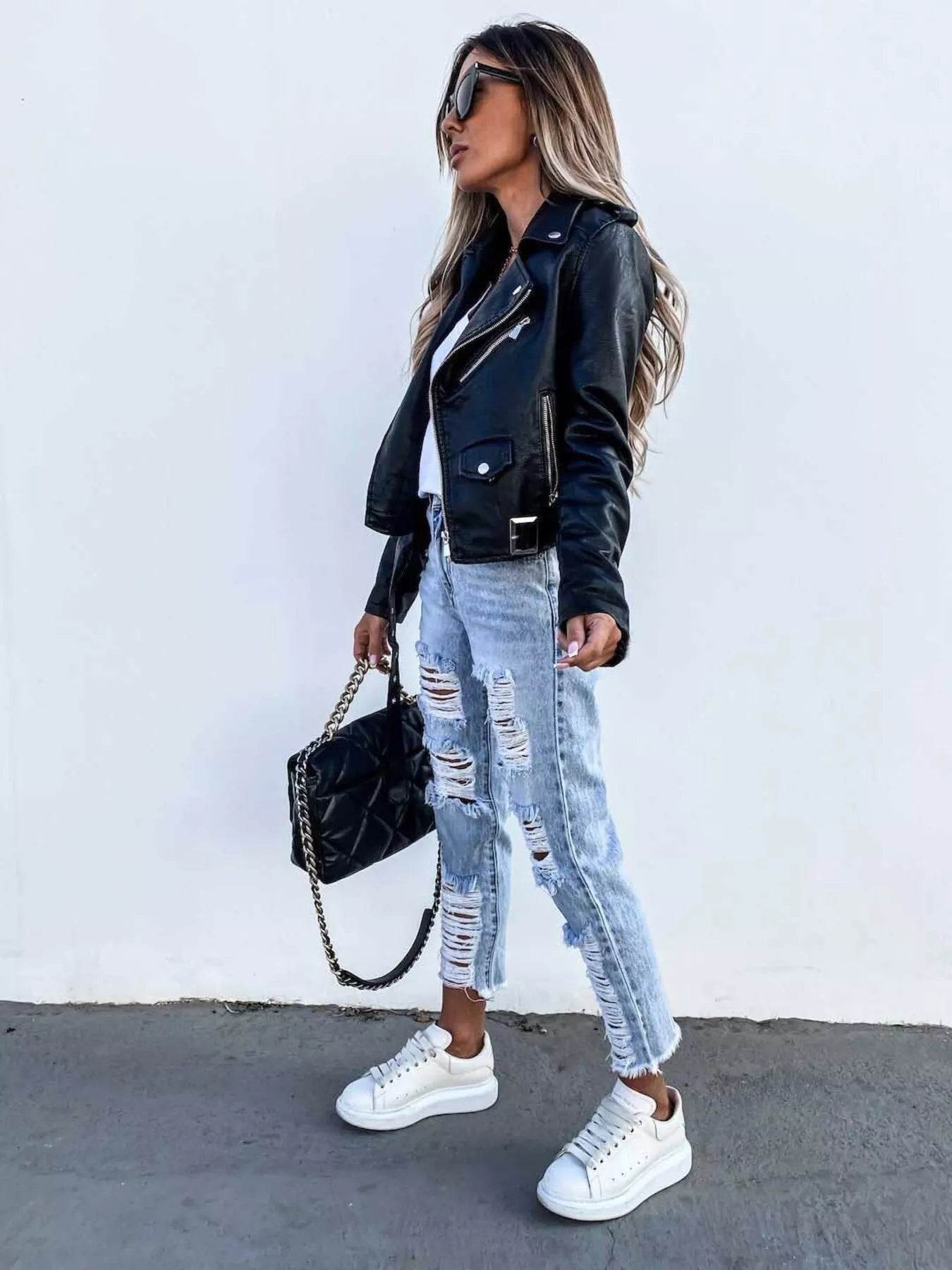 Full Size Zip Up Leather Motorcycle Biker Jacket Plus Size - IntuitiveEncBoutique