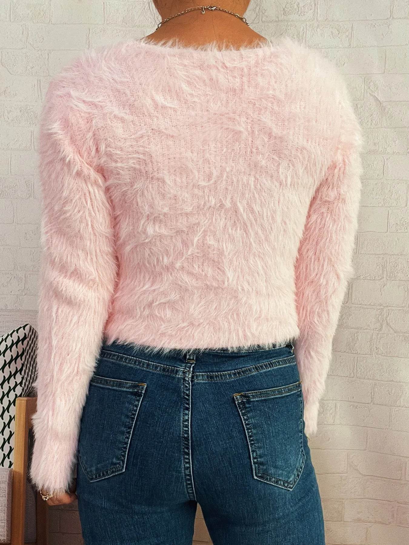 Fuzzy Heart Shape Button-Up Cardigan - IntuitiveEncBoutique