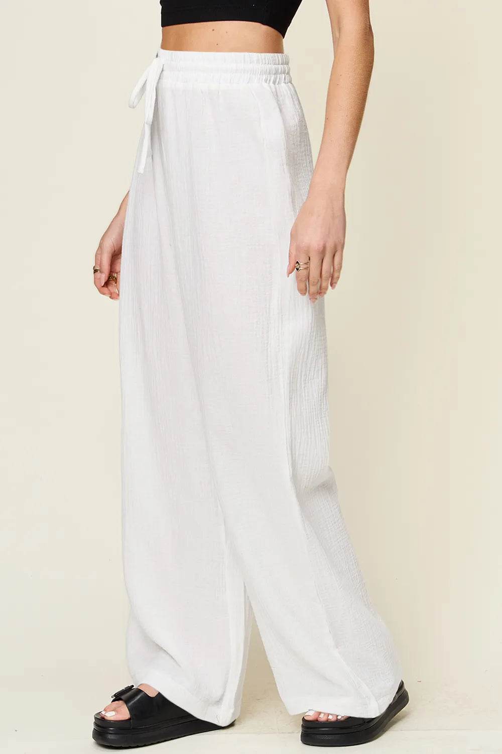 Double Take Full Size Texture Drawstring Wide Leg Pants - IntuitiveEncBoutique