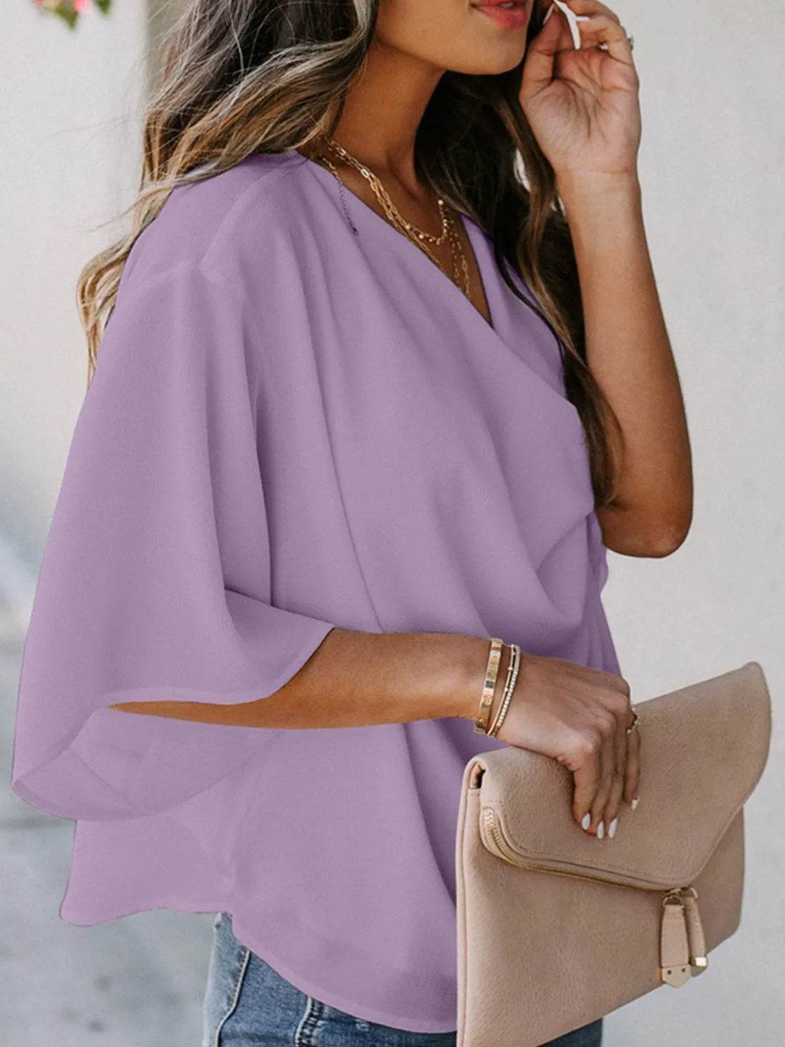 Full Size Ruched Three-Quarter Sleeve Blouse Plus Size - IntuitiveEncBoutique