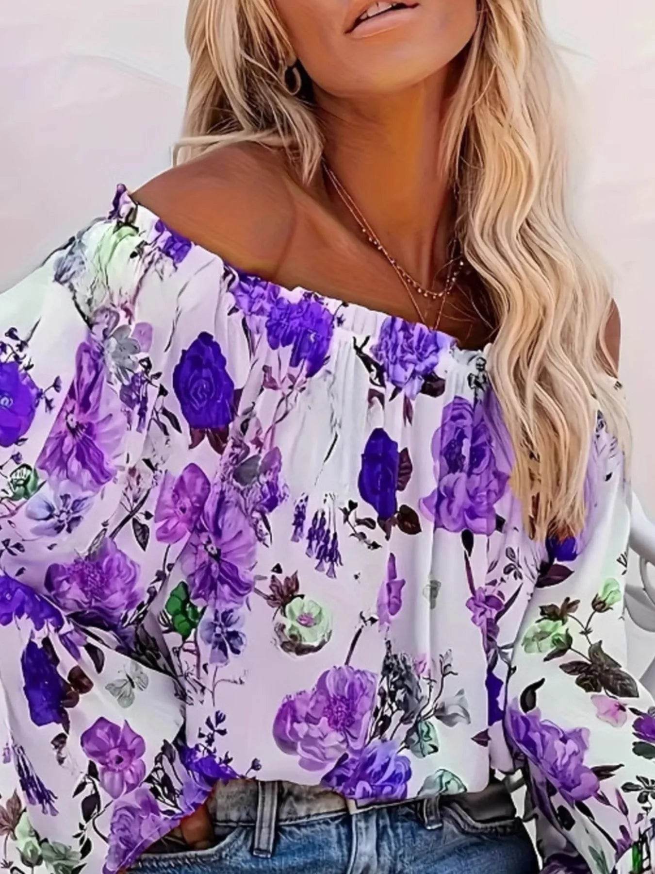 Full Size Floral Off-Shoulder Bell Sleeve Blouse Plus Size - IntuitiveEncBoutique