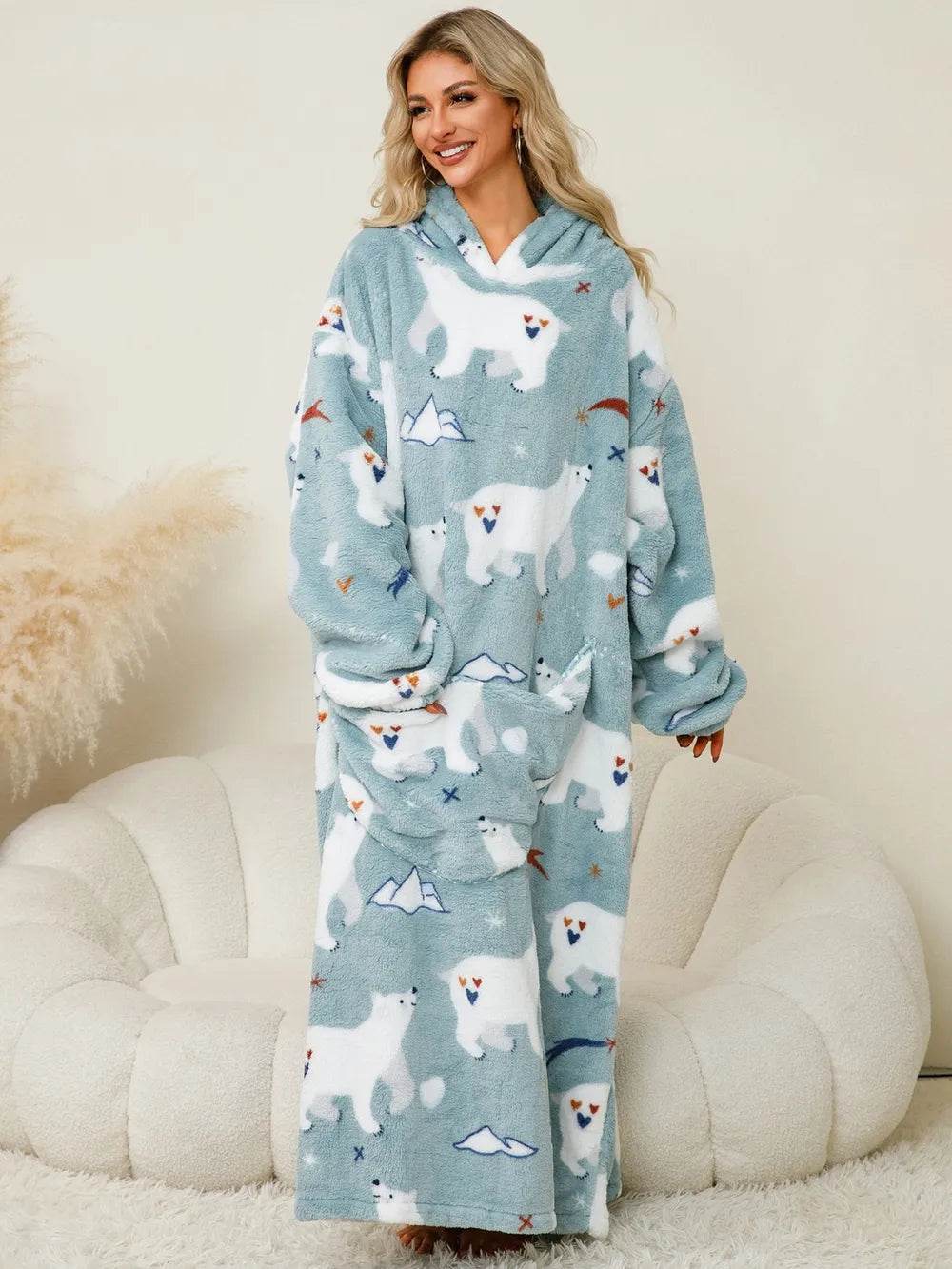 Fuzzy Pocketed Long Sleeve Hooded Lounge Dress - IntuitiveEncBoutique