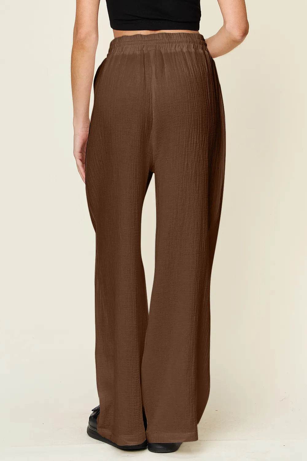 Double Take Full Size Texture Drawstring Wide Leg Pants - IntuitiveEncBoutique