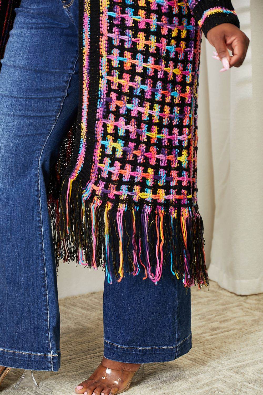 Angel Wings Full Size Multicolored Open Front Fringe Hem Cardigan - IntuitiveEncBoutique