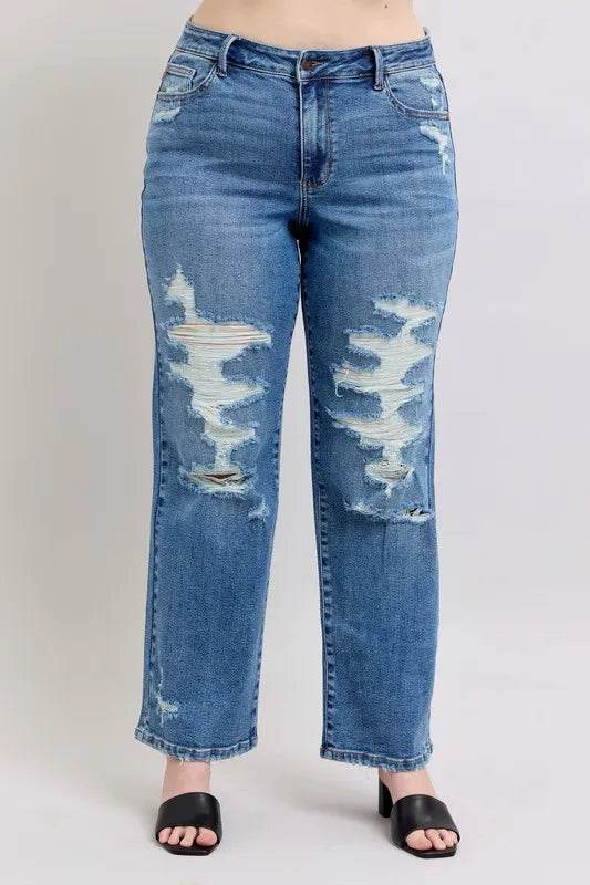 Judy Blue Full Size High Waist Heavy Destroy Straight Jeans Plus Size - IntuitiveEncBoutique