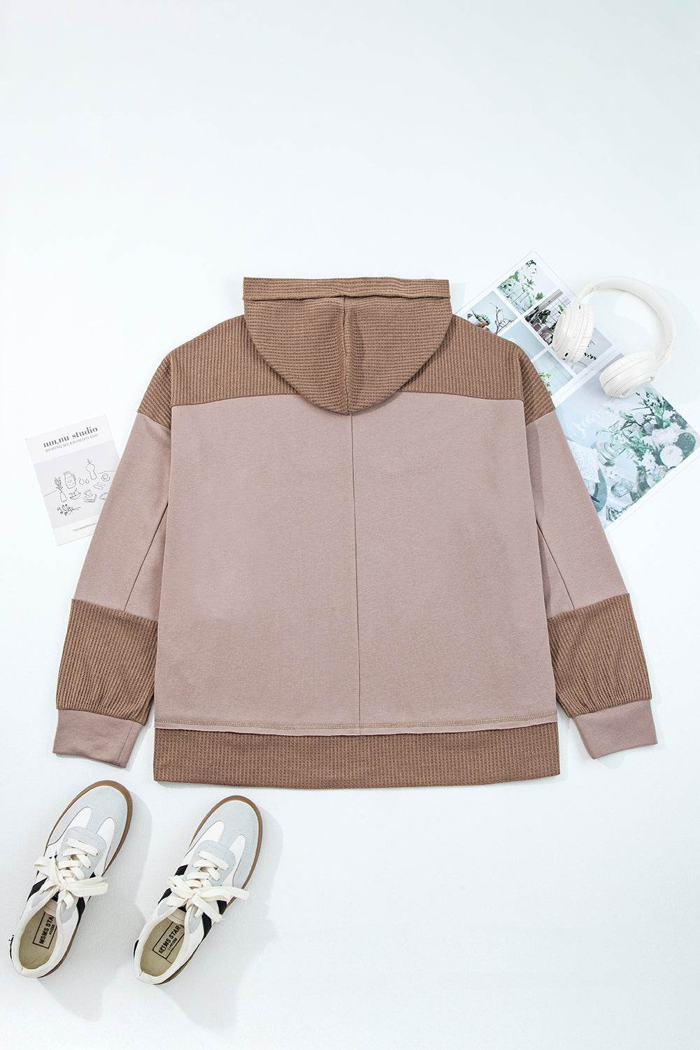 Goat Waffle Contrast Patchwork Plus Size Pocketed Hoodie - IntuitiveEncBoutique
