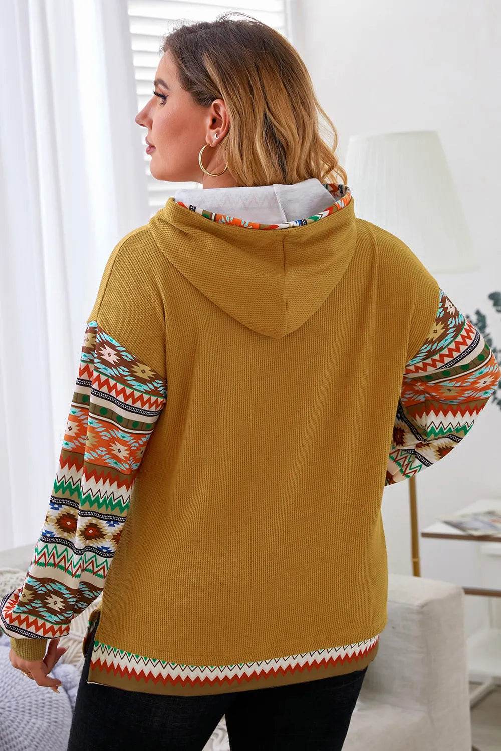Plus Size Waffle-Knit Geometric Dropped Shoulder Hoodie - IntuitiveEncBoutique