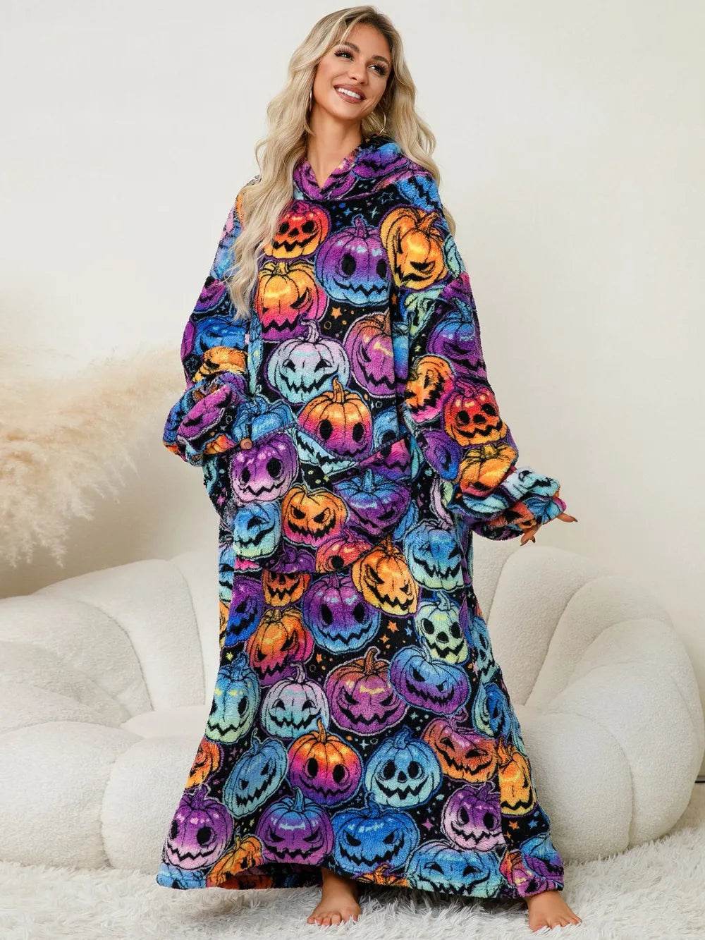 Fuzzy Pocketed Long Sleeve Hooded Lounge Dress - IntuitiveEncBoutique