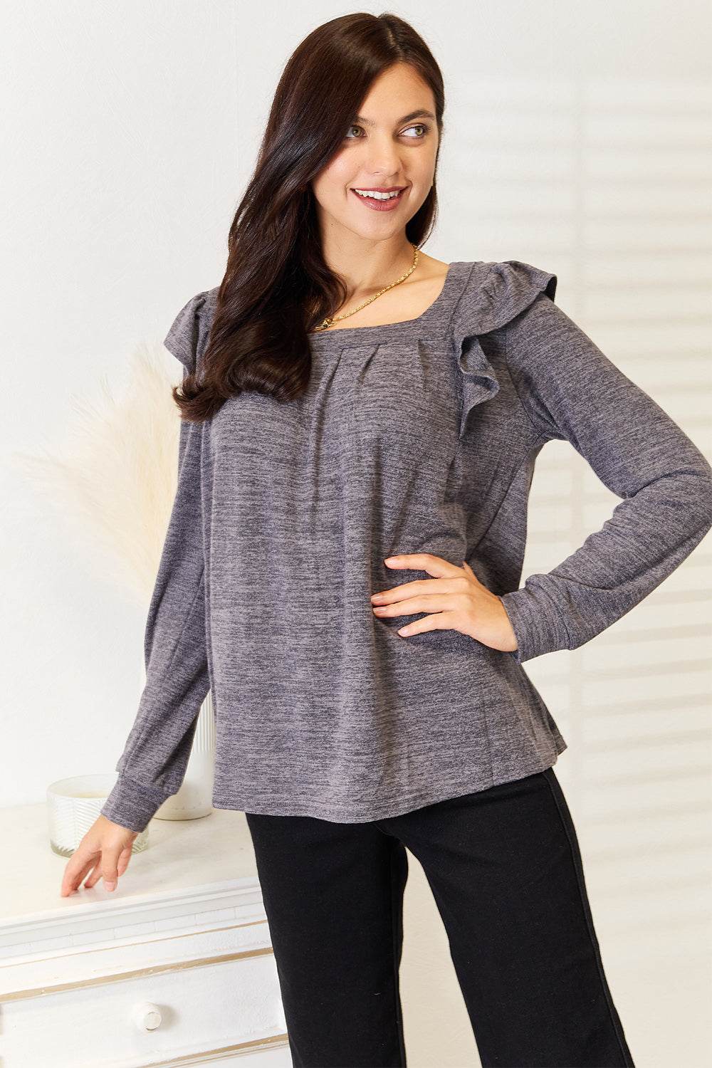 Double Take Square Neck Ruffle Shoulder Long Sleeve T-Shirt - IntuitiveEncBoutique