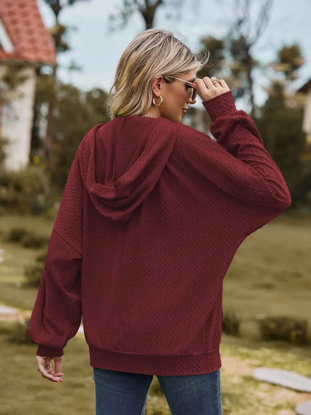 Zip Up Drawstring Long Sleeve Hooded Jacket - IntuitiveEncBoutique