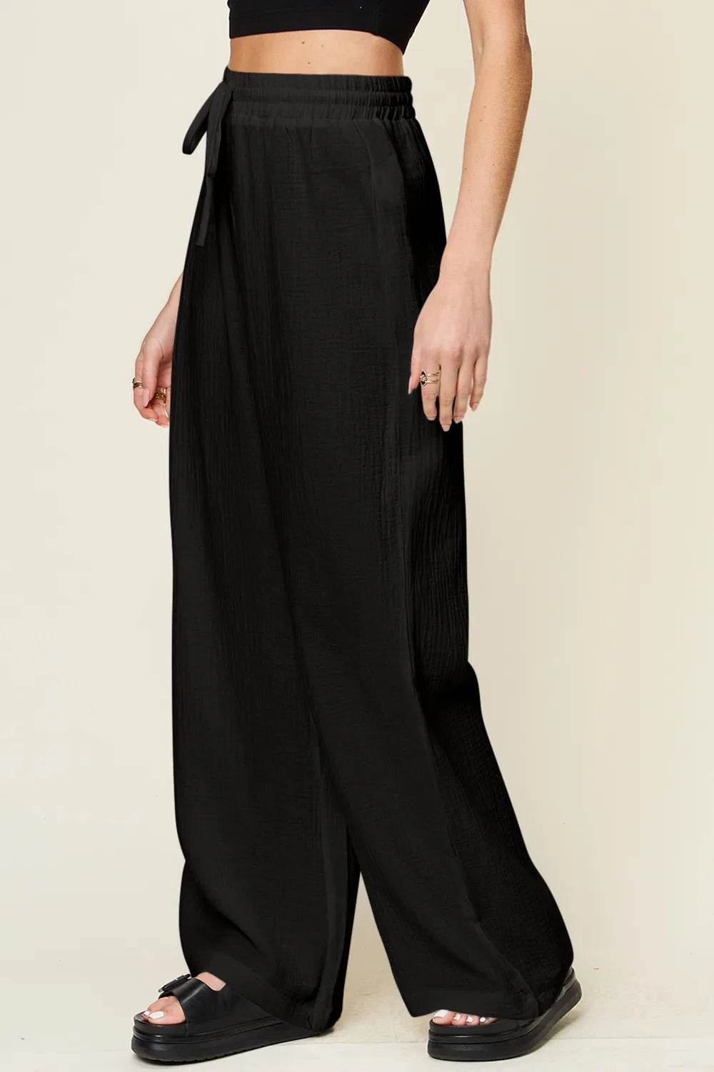 Double Take Full Size Texture Drawstring Wide Leg Pants - IntuitiveEncBoutique
