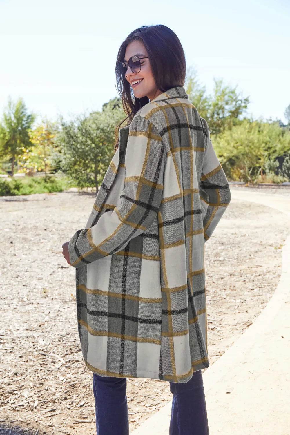 Double Take Full Size Plaid Button Up Lapel Collar Coat - IntuitiveEncBoutique