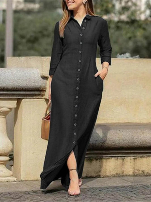 Full Size Button-Down Maxi Denim Dress Plus Size - IntuitiveEncBoutique
