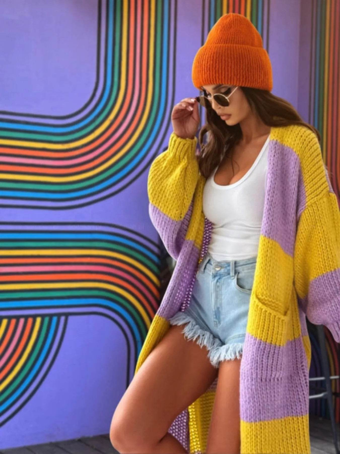 Color Block Long Sleeve Longline Cardigan Plus Size - IntuitiveEncBoutique