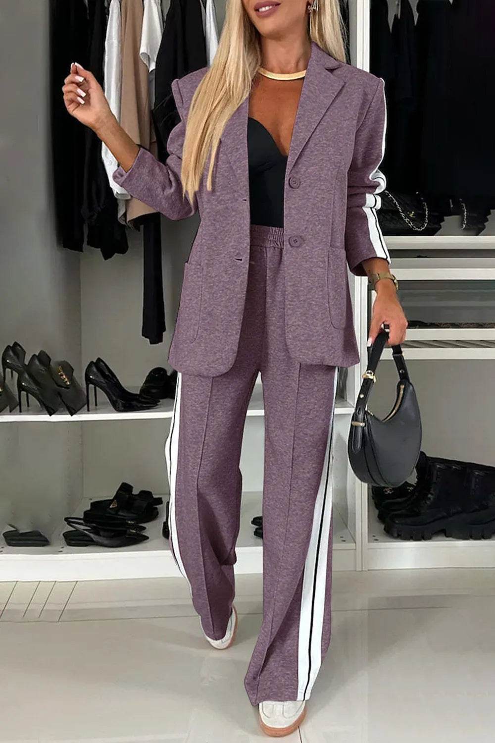 Full Size Contrast Lapel Collar Top and Pants Set - IntuitiveEncBoutique