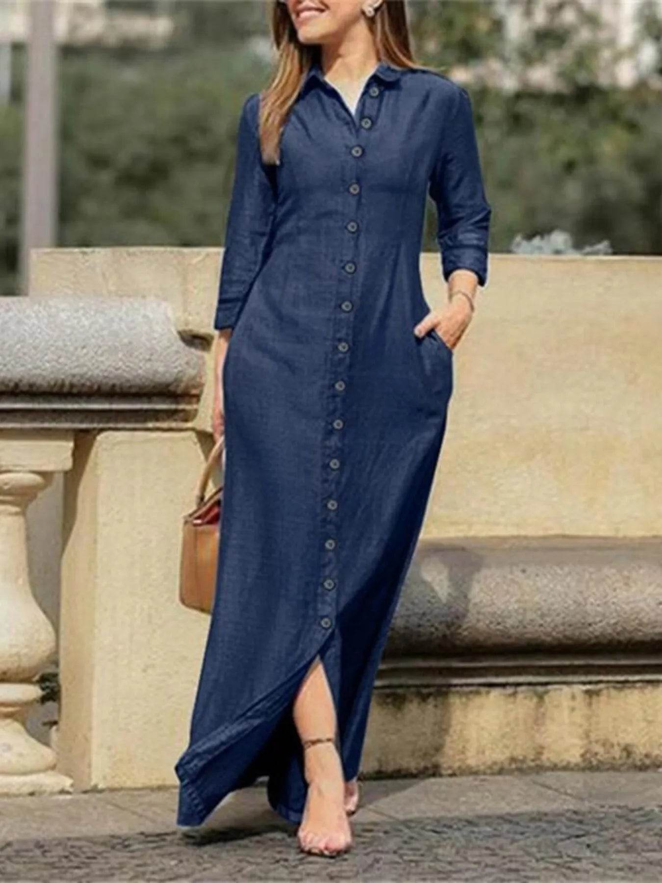 Full Size Button-Down Maxi Denim Dress Plus Size - IntuitiveEncBoutique