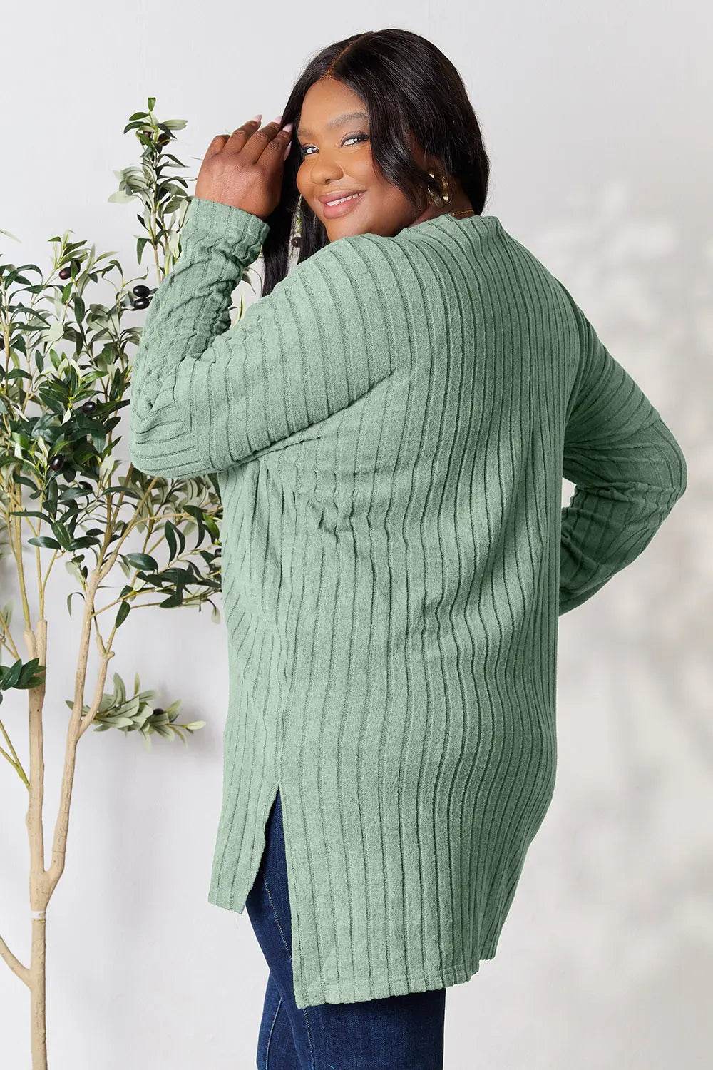 Basic Bae Full Size Ribbed Round Neck Long Sleeve Slit Top - IntuitiveEncBoutique