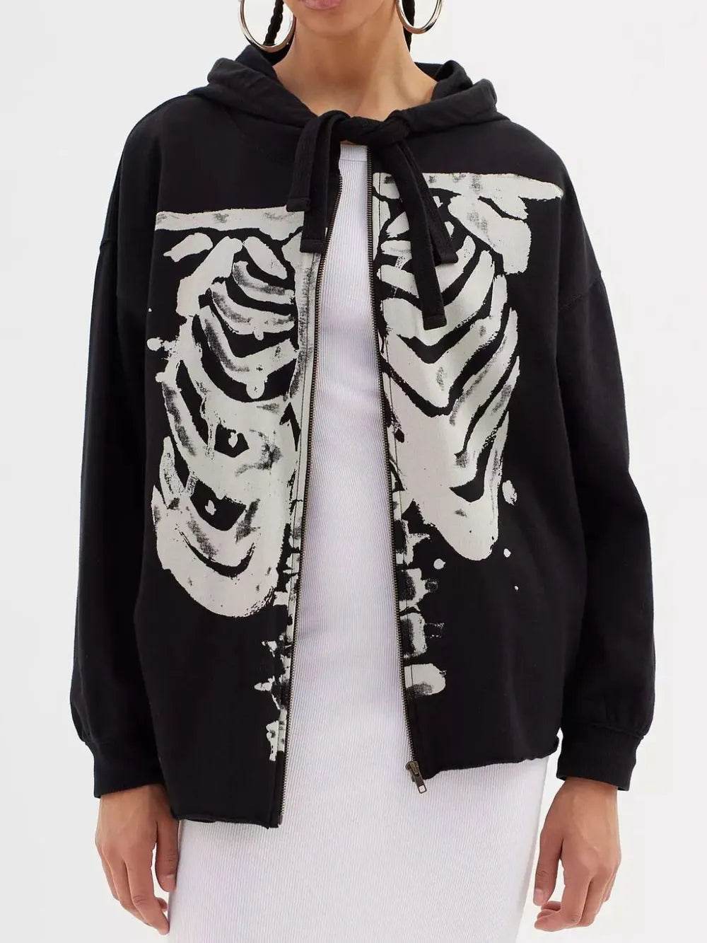 Skeleton Zip Up Drawstring Hoodie - IntuitiveEncBoutique