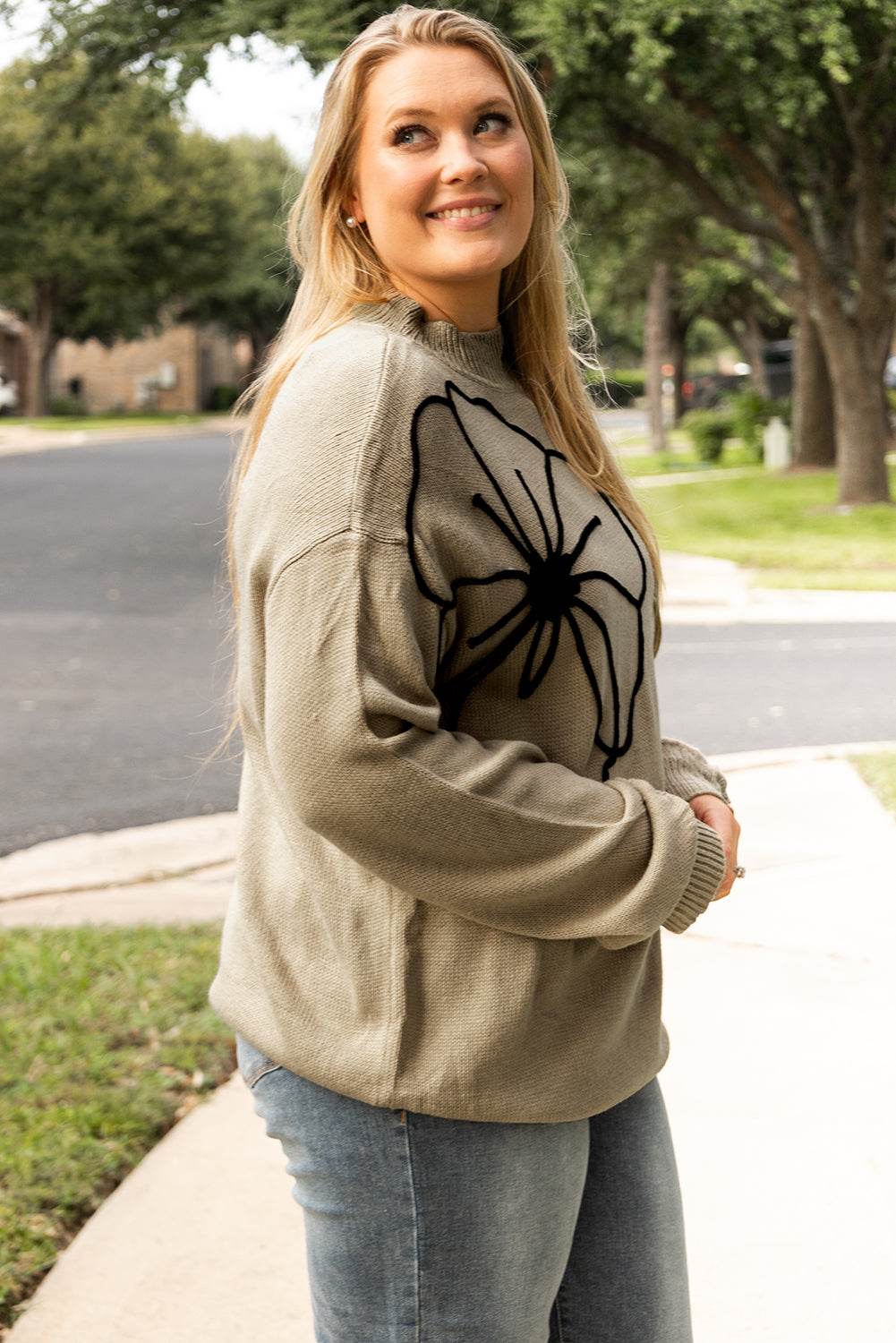 Dark Khaki Plus Size Big Flower Pattern High Neck Drop Shoulder Sweater - IntuitiveEncBoutique