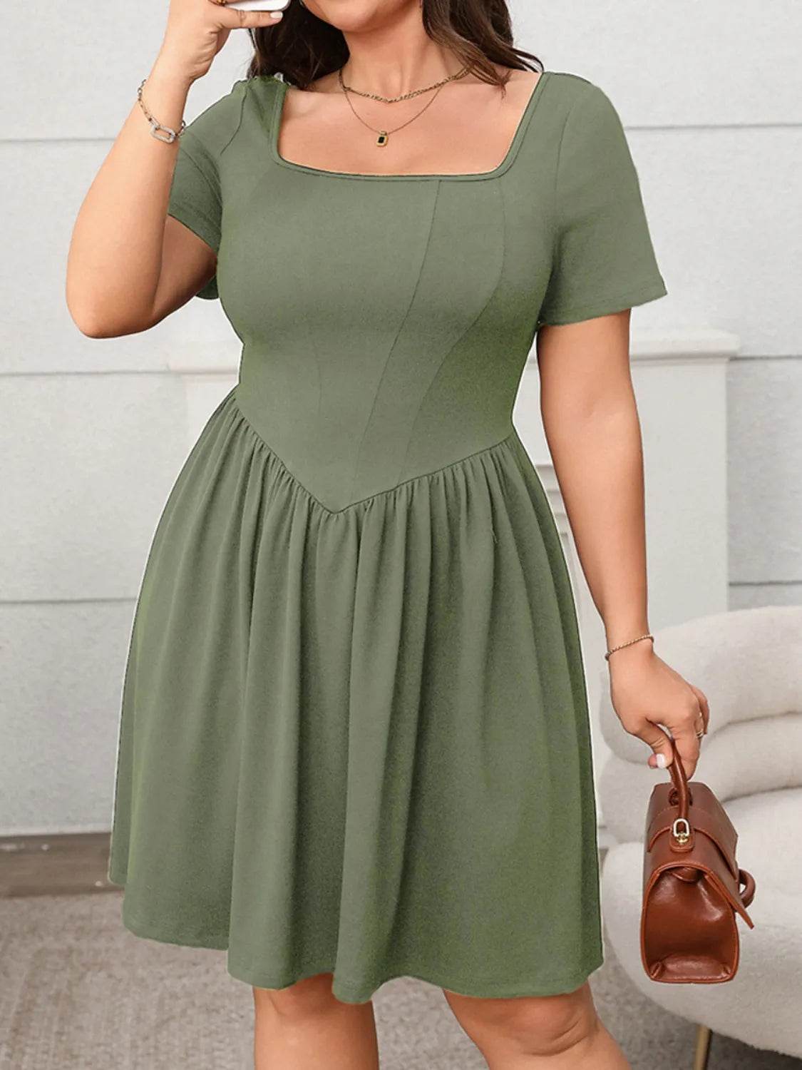 Plus Size Square Neck Short Sleeve Mini Dress - IntuitiveEncBoutique