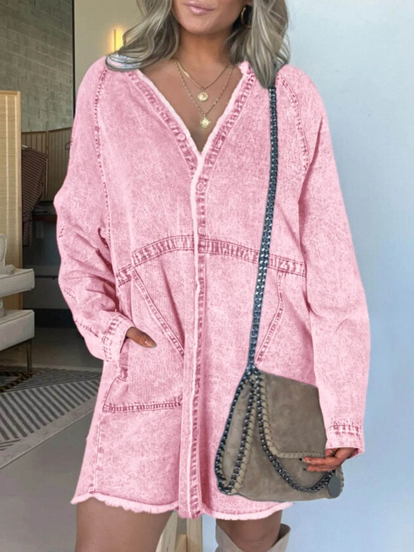Full Size Button-Front Long Sleeve Denim Shirt Dress Plus Size - IntuitiveEncBoutique