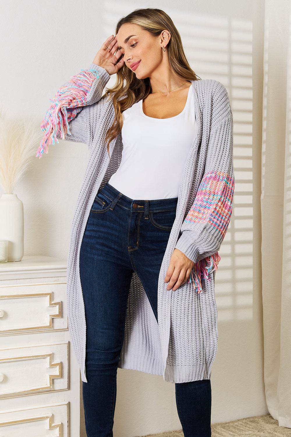 Woven Right Fringe Sleeve Dropped Shoulder Cardigan - IntuitiveEncBoutique