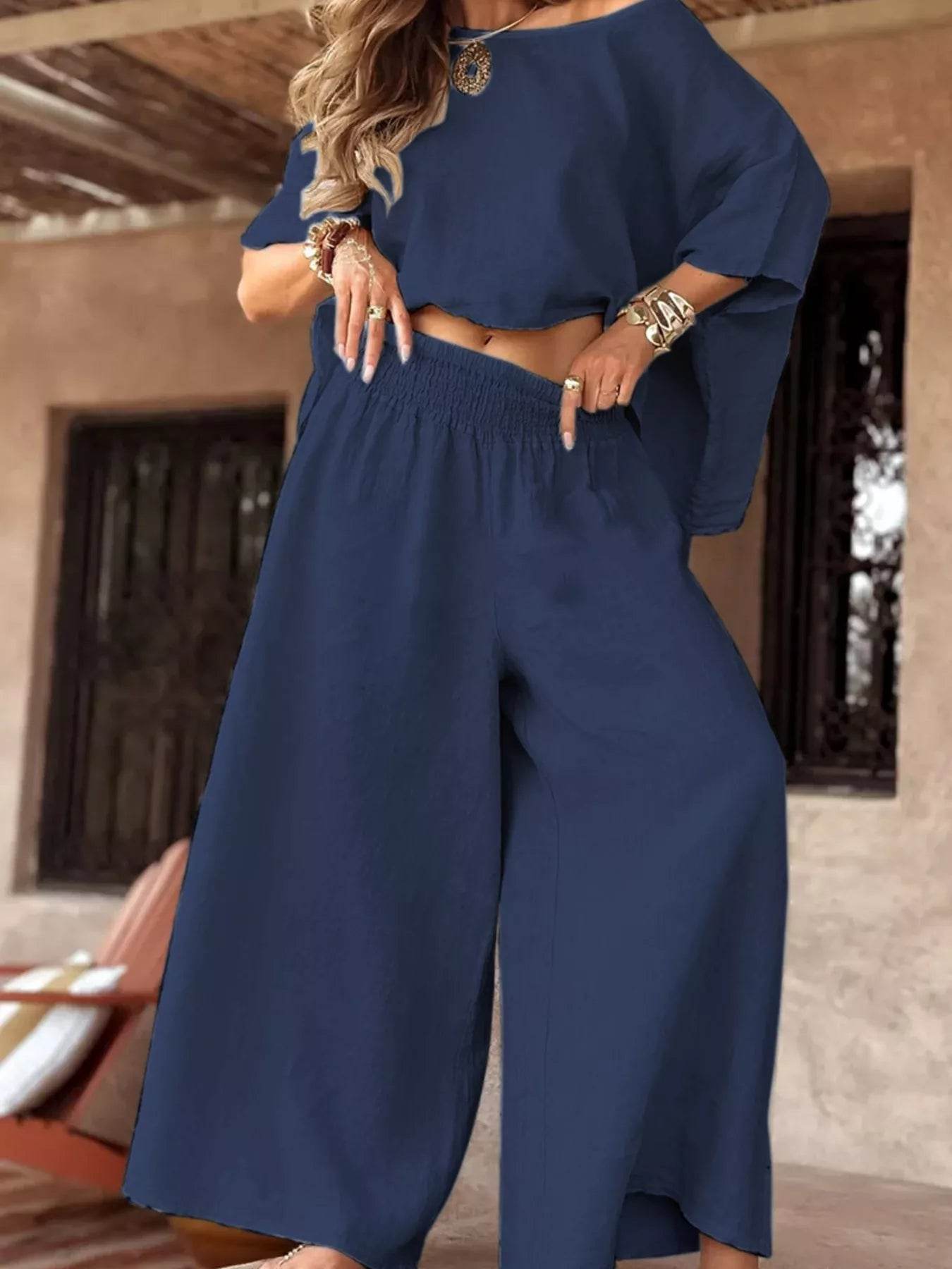 Full Size Boat Neck Top and Wide Leg Pants Set Plus Size - IntuitiveEncBoutique