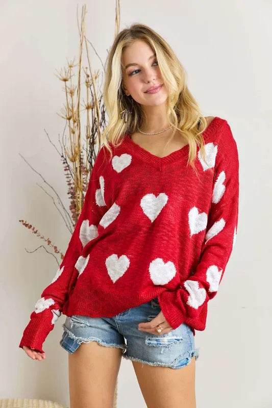 ADORA Full Size Heart V-Neck Knit Top Plus Size - IntuitiveEncBoutique
