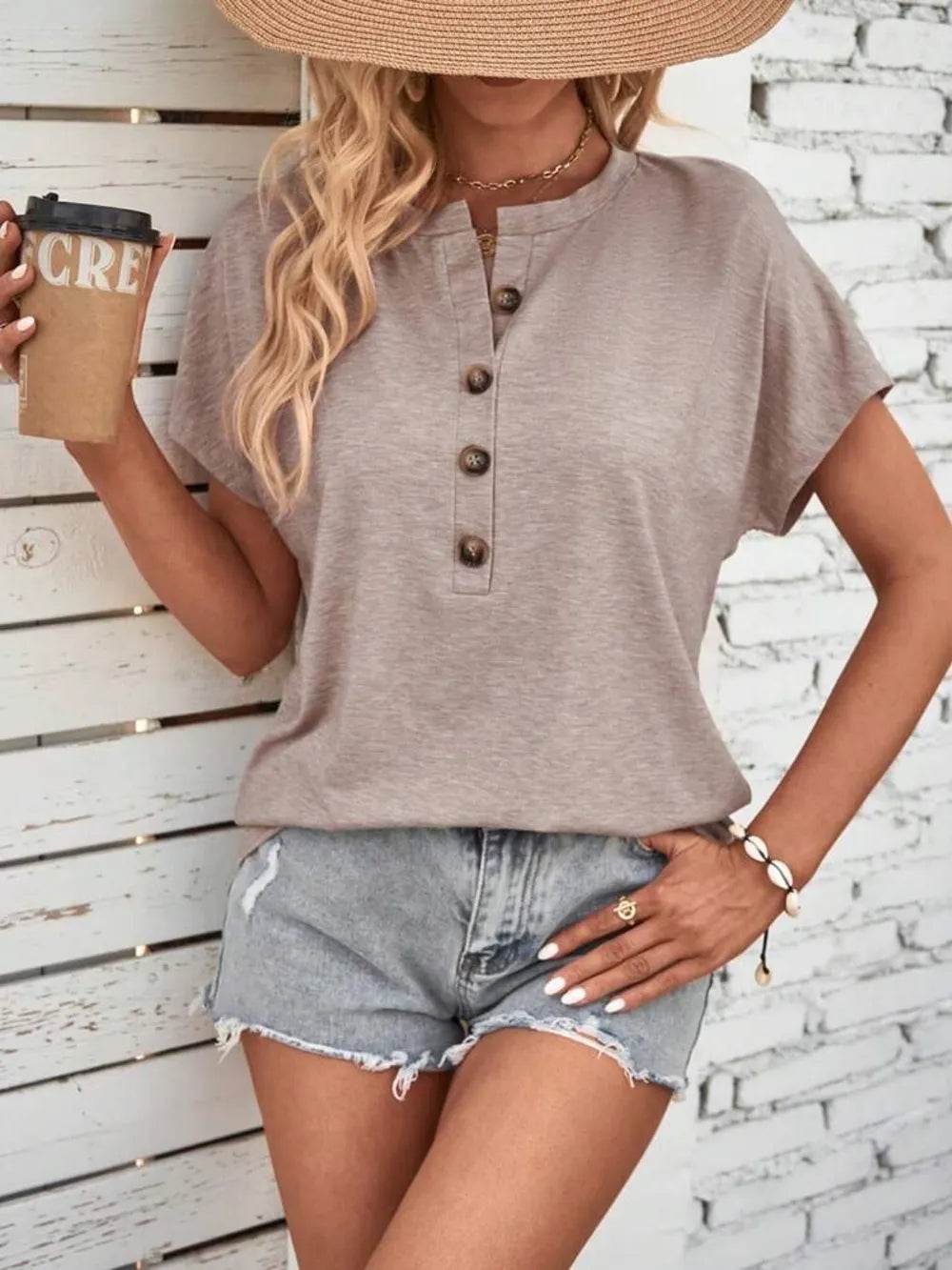 Half Button Short Sleeve Top - IntuitiveEncBoutique