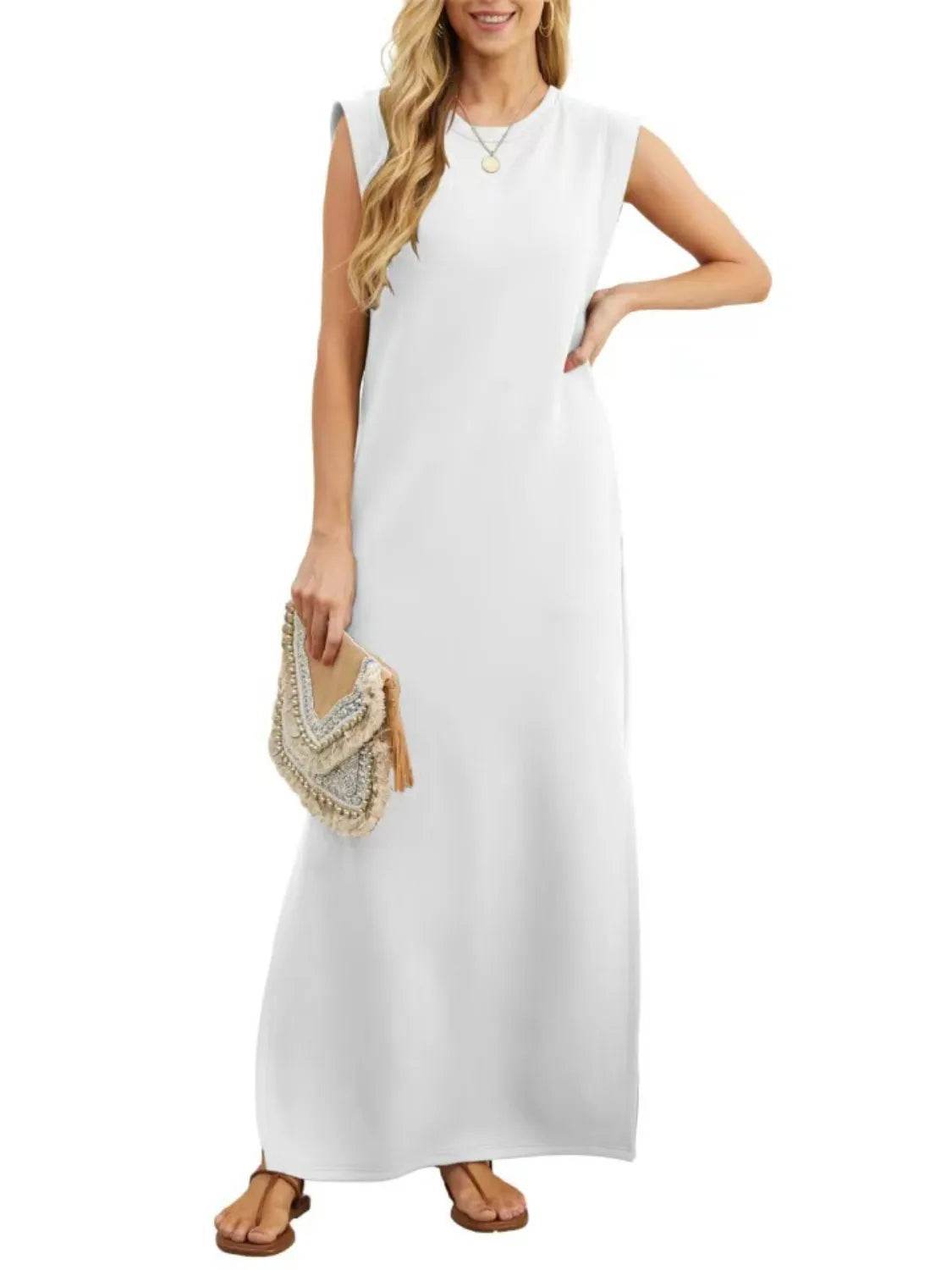 Full Size Slit Round Neck Sleeveless Maxi Tank Dress Plus Size - IntuitiveEncBoutique