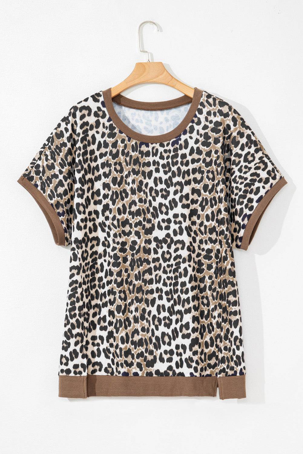 Khaki Leopard Contrast Trim Short Sleeve Loose Plus Size Top - IntuitiveEncBoutique