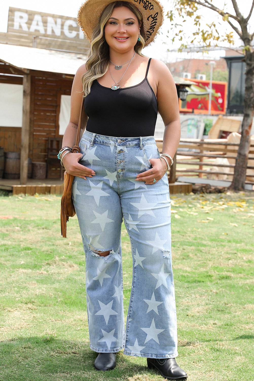 Sky Blue Star Printed Multi Buttons Slit Knee Destroyed Plus Size Jeans - IntuitiveEncBoutique