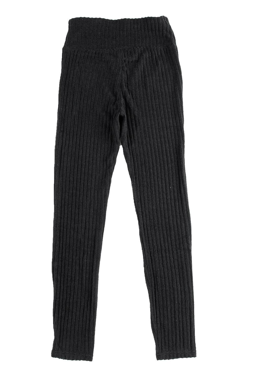 Dark Grey Wide Waistband Ribbed Textured Knit Leggings - IntuitiveEncBoutique