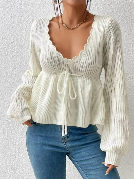 Scalloped V-Neck Drawstring Knit Top - IntuitiveEncBoutique